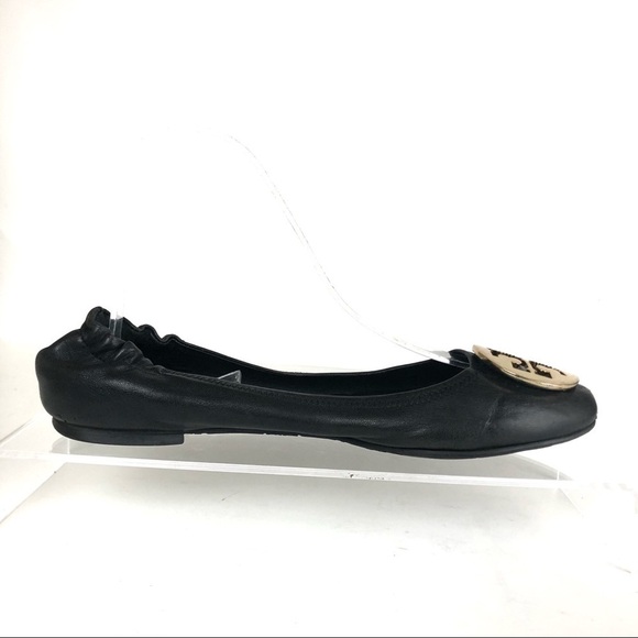 Tory Burch Reva Black Leather Ballet Flats Gold Logo Sz 7.5 - Picture 5 of 7